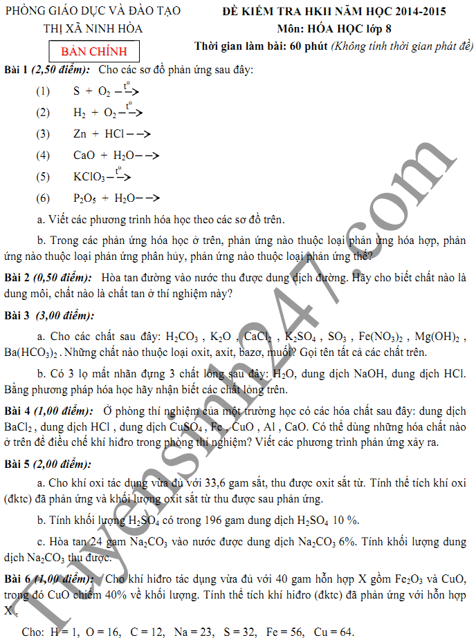 Đề thi học kì 2 lớp  8 môn Hóa năm 2015 - Ninh Hòa