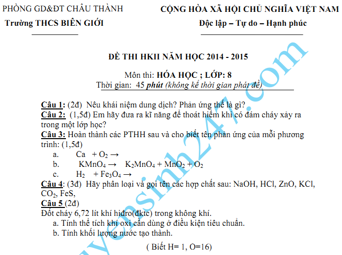 Đề thi học kì 2 lớp 8 năm 2015 môn Hóa - THCS Biên Giới