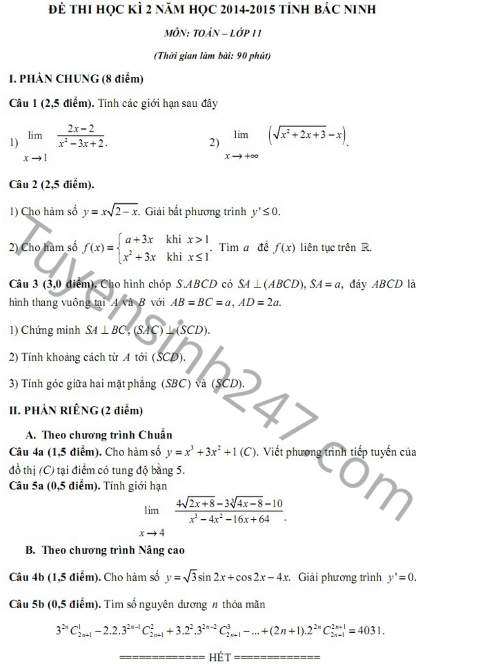 Đề thi học kì 2 lớp 11 năm 2016 môn Toán - Sở GD Bắc Ninh  