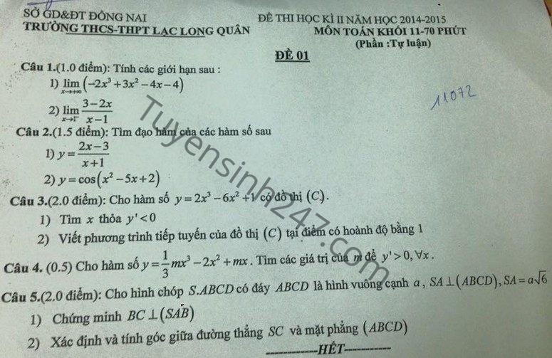 Đề thi học kì 2 lớp 11 môn Toán THPT Lạc Long Quân 2015 