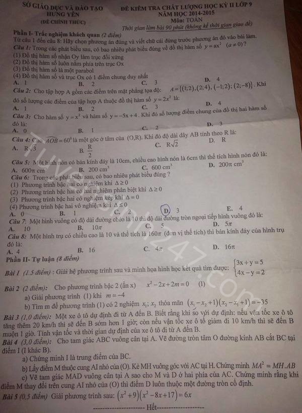Đề thi học kì 2 lớp 9 môn Toán - Sở GD Hưng Yên 2015