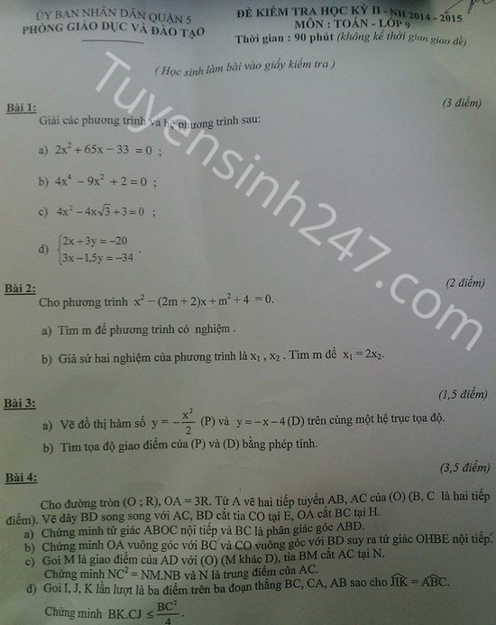 Đề thi học kì 2 lớp 9 môn Toán năm 2015 - Quận 5
