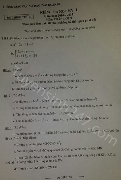 Đề thi học kì 2 lớp 9 môn Toán - Quận 10 năm 2015