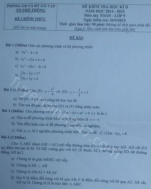 Đề thi học kì 2 môn Toán lớp 9 năm 2015 - Gò Vấp