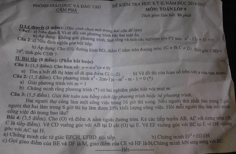 Đề thi học kì 2 lớp 9 môn Toán - Cẩm Phả 2015