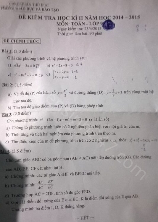 Đề thi học kì 2 lớp 9 môn Toán - Quận Thủ Đức 2015