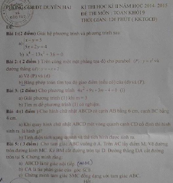 Đề thi học kì 2 lớp 9 môn Toán - Duyên Hải 2015