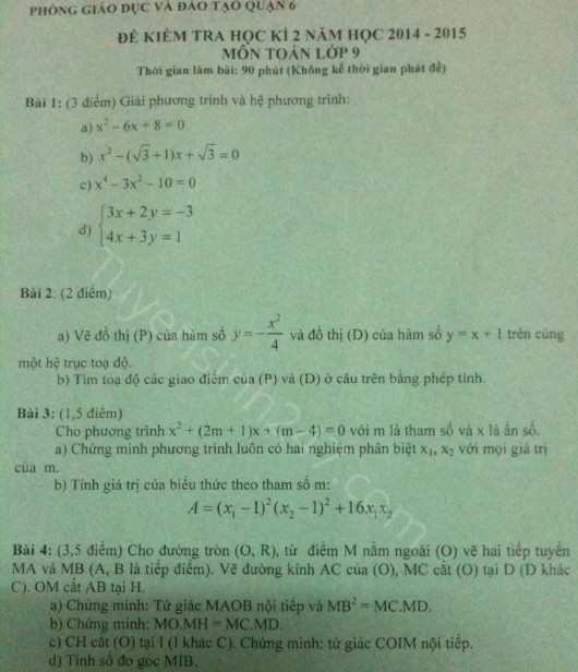 Đề thi học kì 2 lớp 9 năm 2015 môn Toán - Quận 6