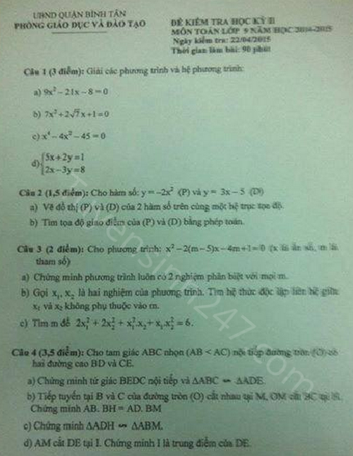 Đề thi học kì 2 lớp 9 năm 2015 môn Toán - Quận Bình Tân 