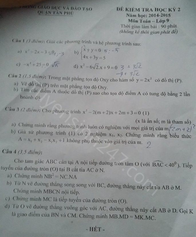 Đề thi học kì 2 môn Toán lớp 9 năm 2015 - Quận Tân Phú 
