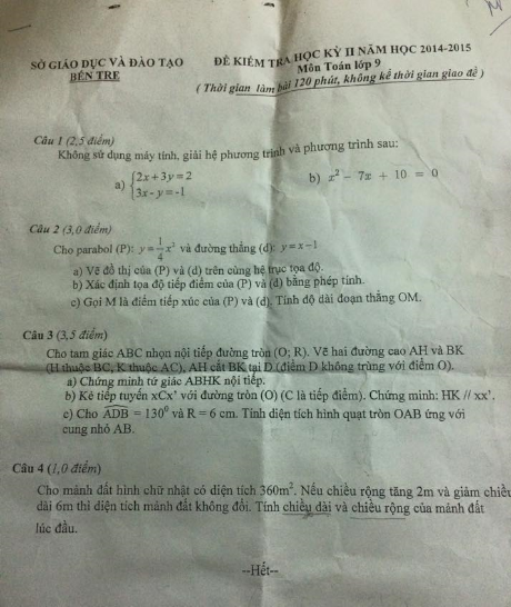 Đề thi học kỳ 2 lớp 9 năm 2015 môn Toán - Sở GD Bến Tre