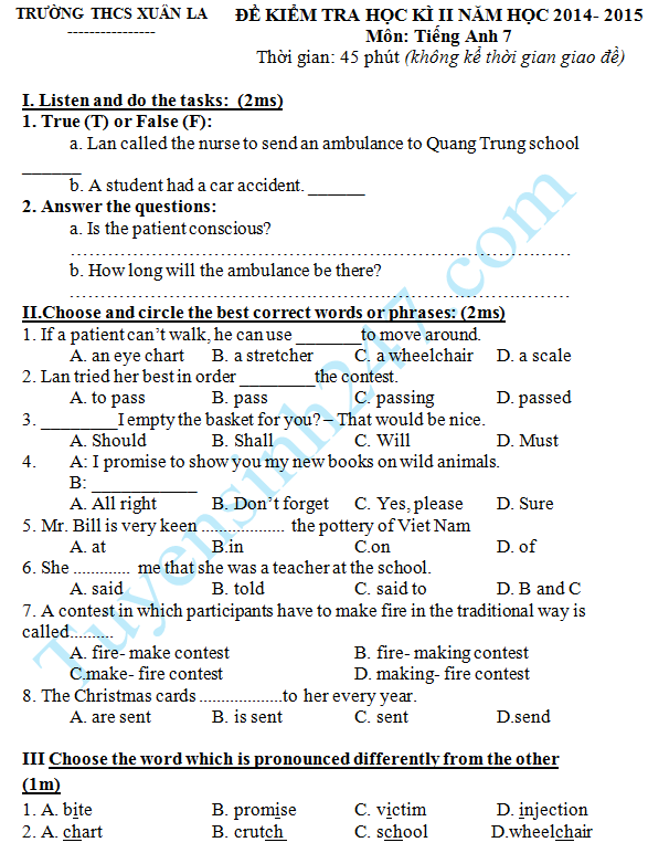 Đề thi học kì 2 lớp 7 môn Anh năm 2015 - THCS Xuân La 