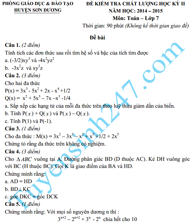 Đề thi học kì 2 lớp 7 2015 môn Toán - Sơn Dương