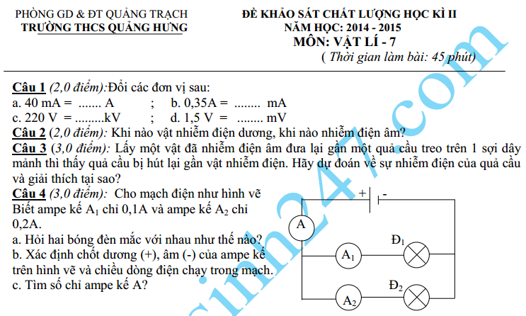 Đề thi học kì 2 lớp 7 môn Lý năm 2015 - THCS Quảng Hưng