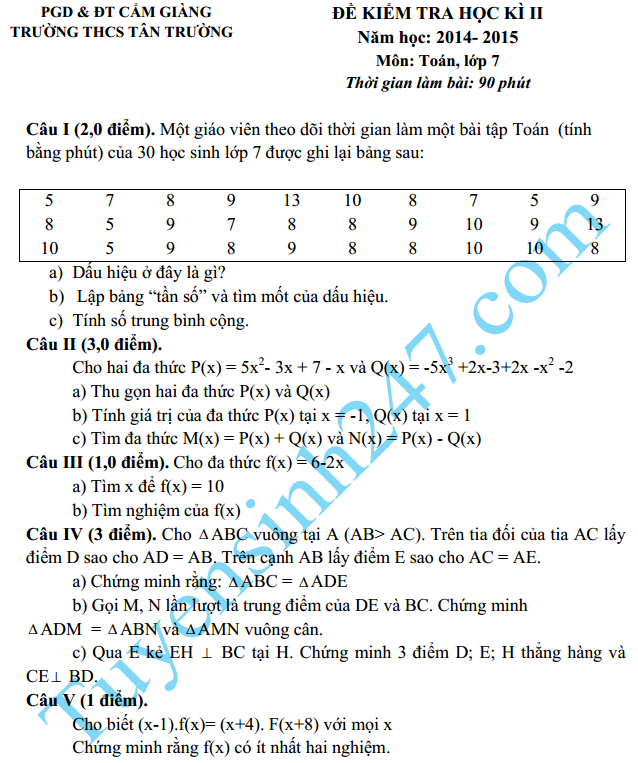 Đề thi học kì 2 lớp 7 môn Toán năm 2015 - THCS Tân Trường