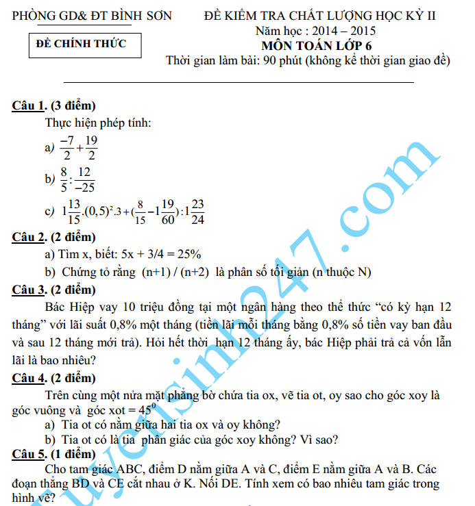 Đề thi học kì 2 lớp 6 môn Toán năm 2015 – Bình Sơn