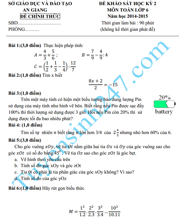 Đề thi học kì 2 lớp 6 môn Toán năm 2015 – Sở GD An Giang