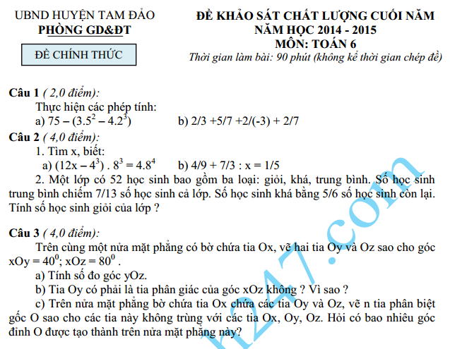 Đề thi học kì 2 lớp 6 môn Văn  – Tam Đảo 2015