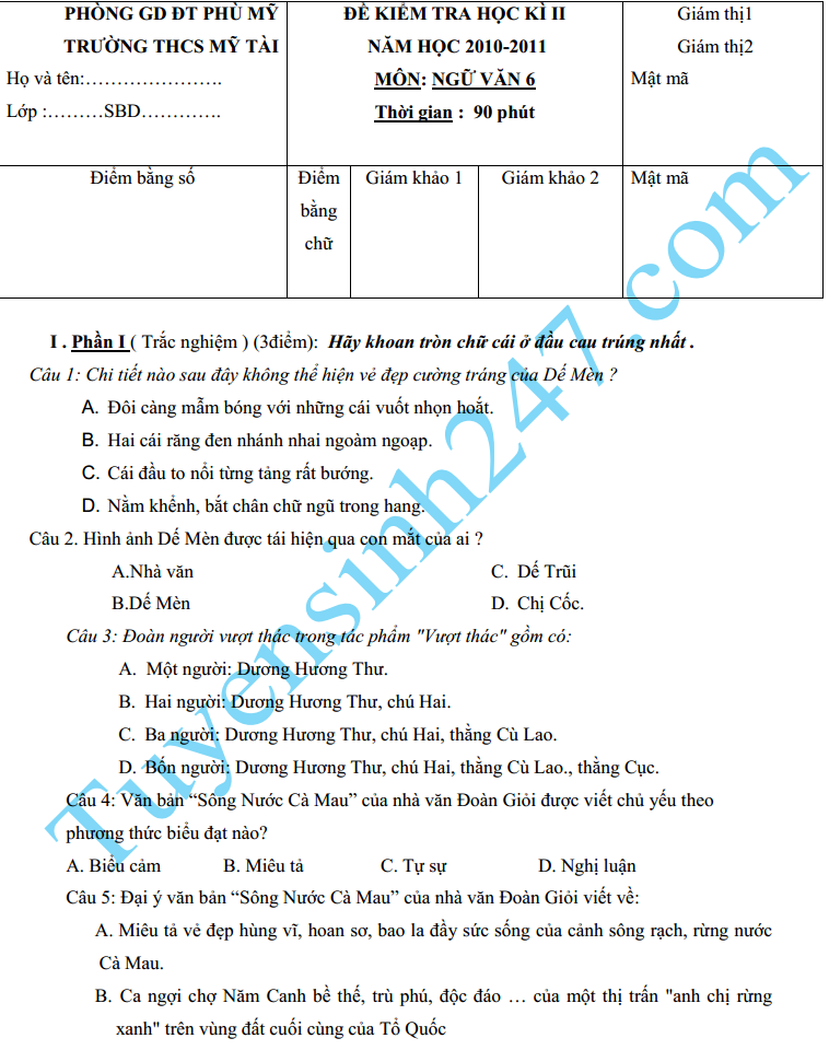 Đề thi học kì 2 lớp 6 môn Văn – THCS Mĩ Tài 2015