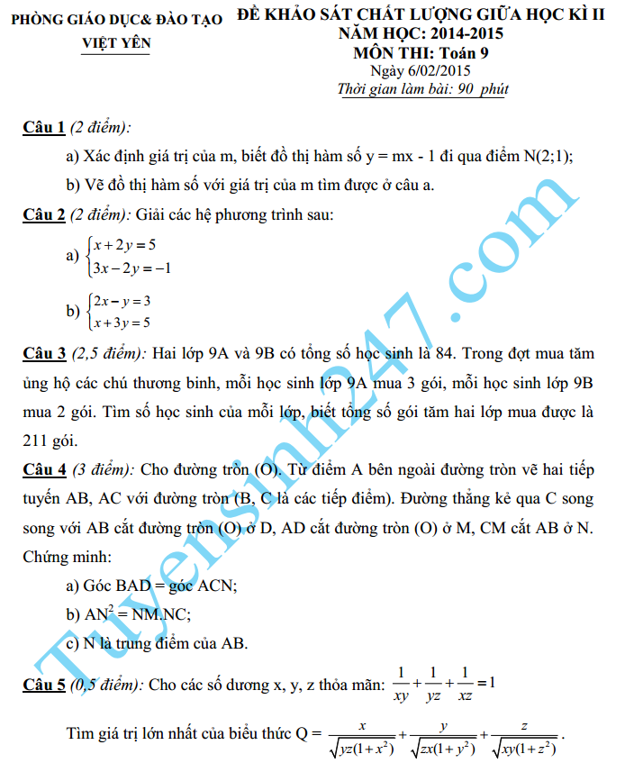 Đề thi giữa học kì 2 lớp 9 môn Toán năm 2016 – Việt Yên