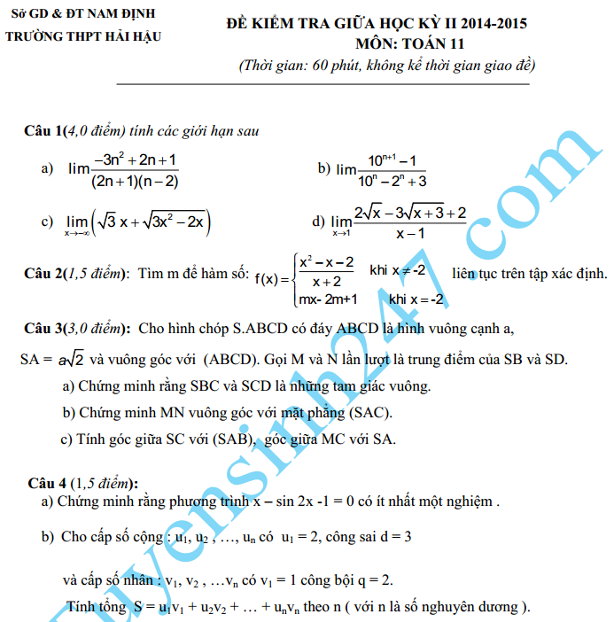 Đề thi giữa học kì 2 lớp 11 môn Toán năm 2015 – THPT Hải Hậu