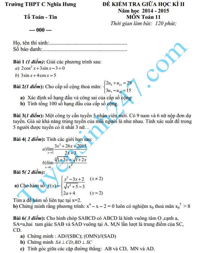 Đề thi giữa học kì 2 lớp 11 môn Toán – THPT Nghĩa Hưng 2015