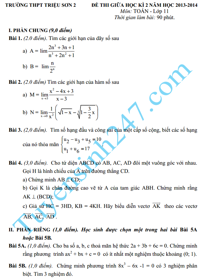 Đề thi giữa học kì 2 lớp 11 môn Toán năm 2015 – THPT Triệu Sơn