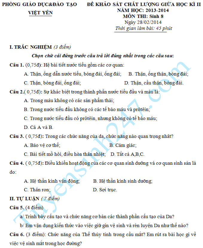 Đề thi giữa học kì 2 lớp 8 năm 2015 môn Sinh – Việt Yên