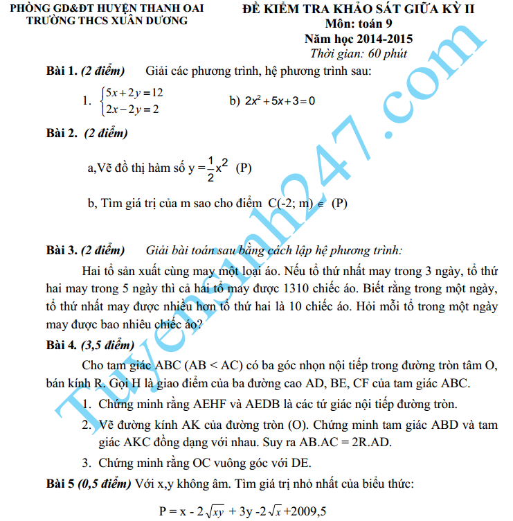 Đề thi giữa học kì 2 lớp 9 2016 môn Toán – THCS Xuân Dương