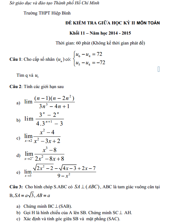 Đề thi giữa học kì 2 lớp 11 môn Toán năm 2015 – THPT Hiệp Bình