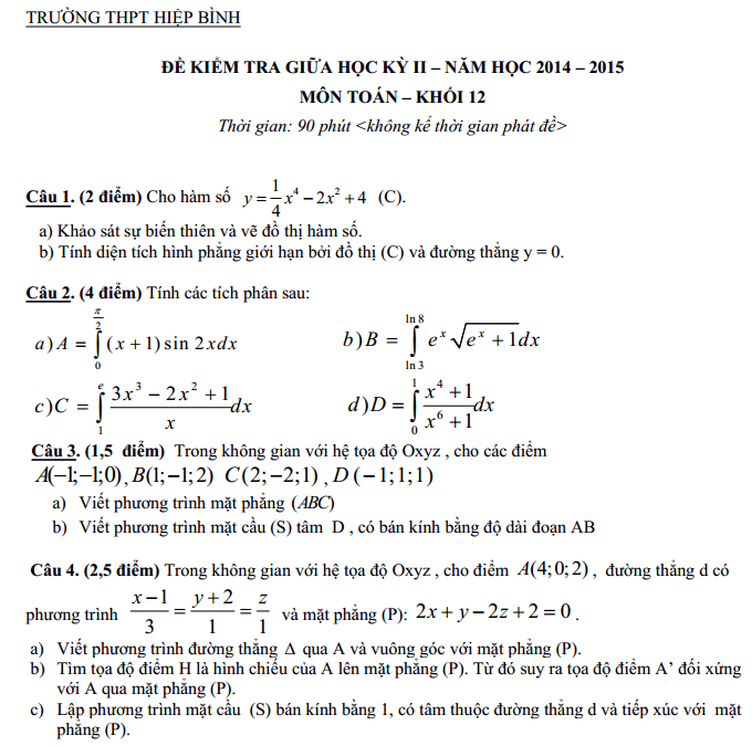 Đề thi giữa học kì 2 lớp 12 môn Toán – THPT Hiệp Bình 2015