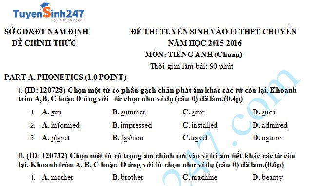 Đề thi tuyển sinh vào lớp 10 môn Anh THPT chuyên Nam Định 2015