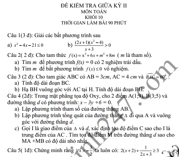 Đề thi giữa học kì 2 lớp 10 năm 2015 môn Toán - Đề số 1