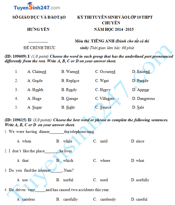 Đề thi vào lớp 10 môn Anh THPT chuyên Hưng Yên 2014