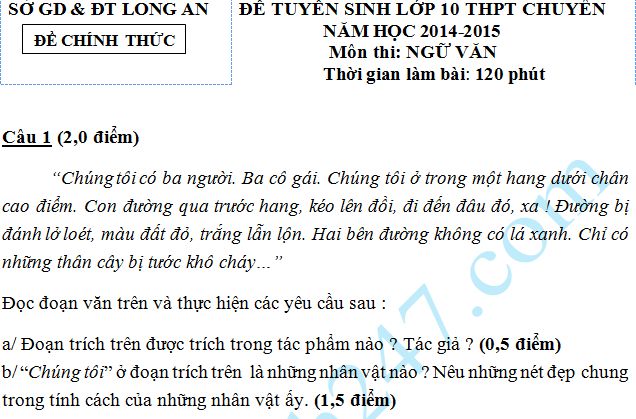 Đề thi tuyển sinh vào lớp 10 môn Ngữ văn Sở GD & ĐT Long An 2014