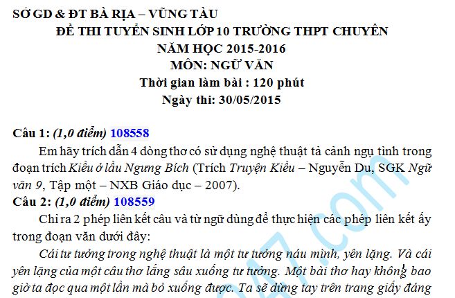 Đề thi tuyển sinh vào lớp 10 môn Văn tỉnh Bà Rịa Vũng Tàu 2015