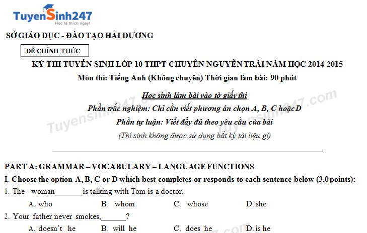 Đề thi tuyển sinh vào lớp 10 môn Tiếng Anh Sở GD & ĐT Hải Dương năm 2015