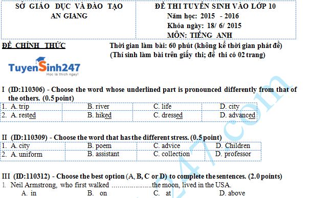 Đề thi tuyển sinh vào lớp 10 môn Tiếng Anh Sở GD & ĐT An Giang năm 2015