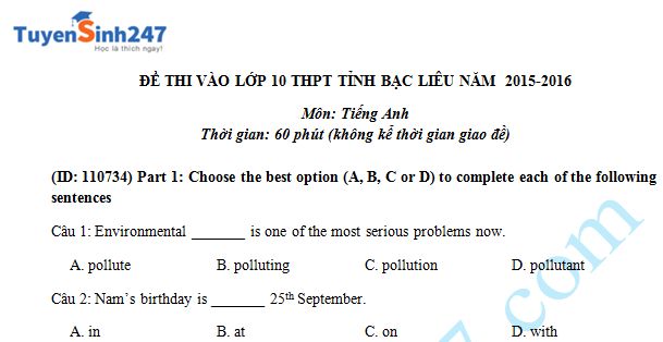 Đề thi tuyển sinh vào lớp 10 môn Tiếng Anh tỉnh Bạc Liêu năm 2015