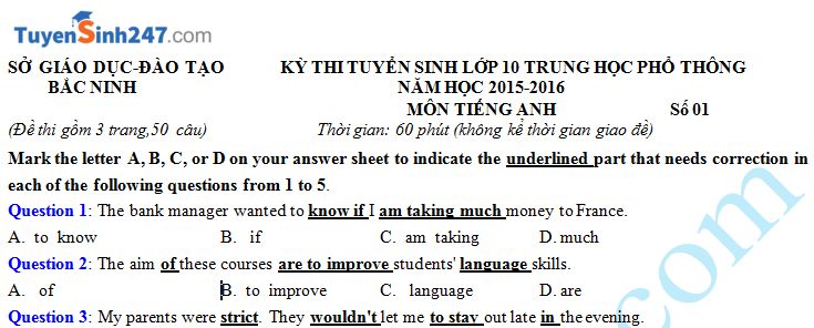 Đề thi tuyển sinh vào lớp 10 môn Tiếng Anh tỉnh Bắc Ninh năm 2015