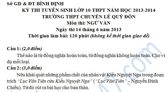 Đề thi tuyển sinh vào lớp 10 môn Ngữ Văn THPT Chuyên Lê Quý Đôn 2013