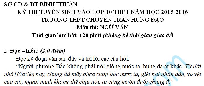 Đề thi tuyển sinh vào lớp 10 môn Ngữ Văn THPT Chuyên Trần Hưng Đạo 2015