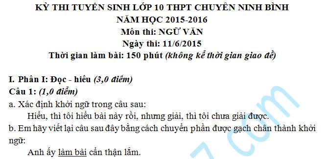 Đề thi tuyển sinh vào lớp 10 môn Ngữ Văn THPT Chuyên Ninh Bình 2015