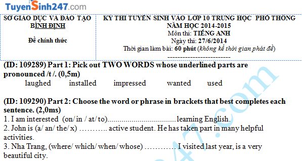 Đề thi tuyển sinh vào lớp 10 môn Tiếng Anh Sở GD & ĐT Bình Định 2014