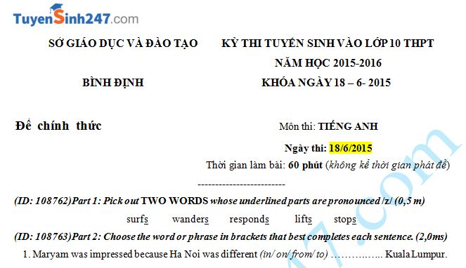 Đề thi tuyển sinh vào lớp 10 môn Tiếng Anh Sở GD & ĐT Bình Định 2015