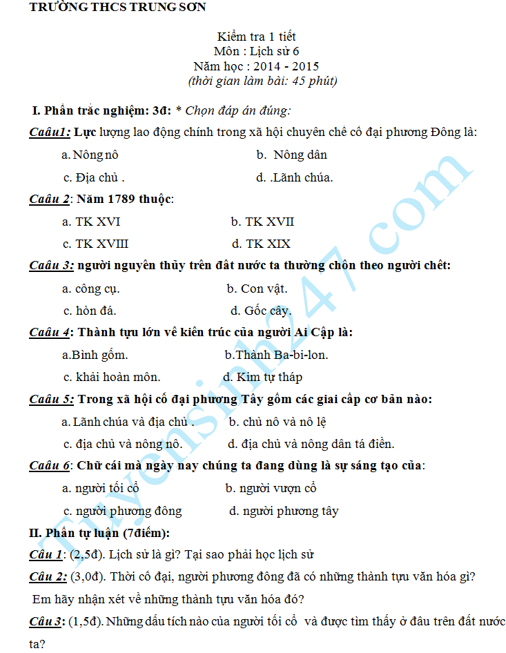 Đề kiểm tra 1 tiết HK2 môn Sử lớp 6 năm 2015 – THCS Trung Sơn
