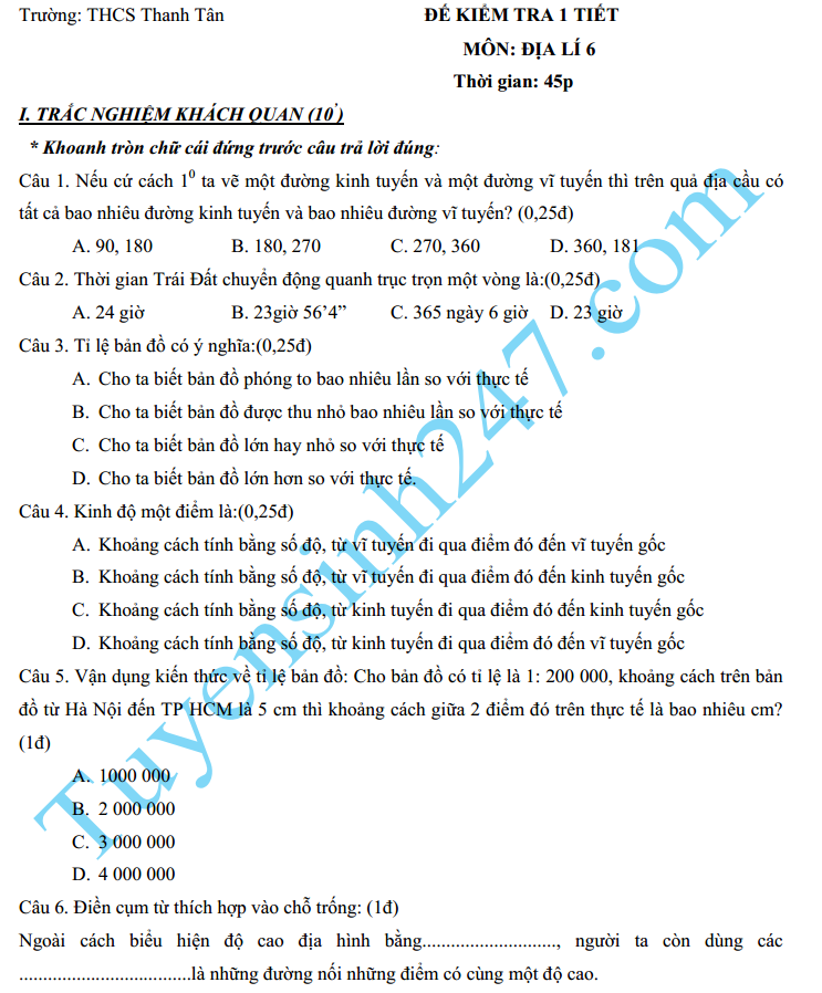 Đề kiểm tra 1 tiết HK2 môn Địa lớp 6 năm 2015 – THCS Thanh Tân
