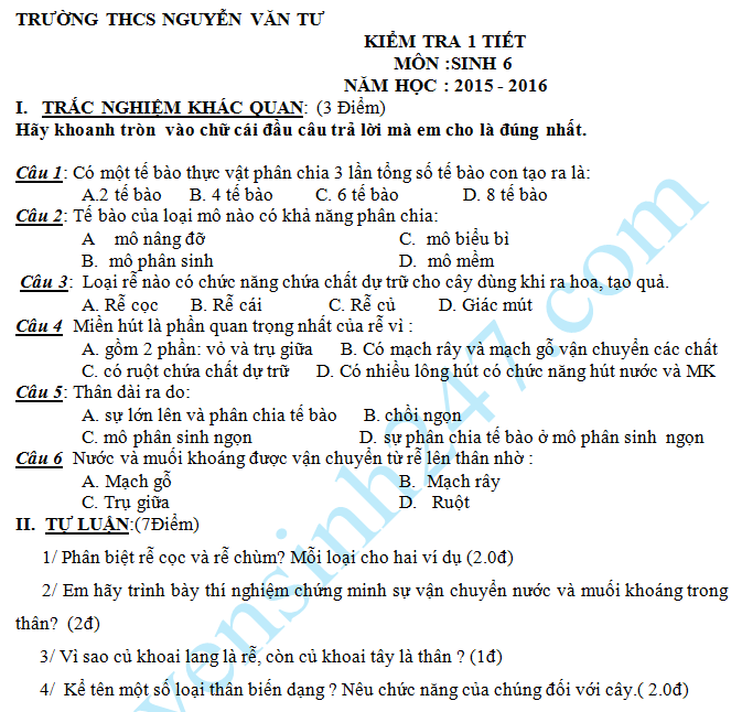 Đề kiểm tra 1 tiết HK2 môn Sinh lớp 6 năm 2015 – THCS Nguyễn Văn Tư