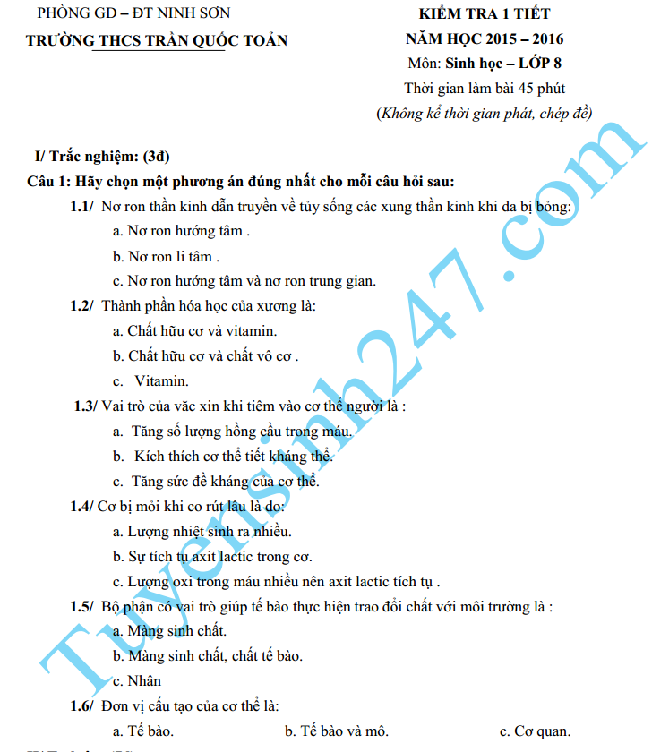 Đề kiểm tra 1 tiết HK2 môn Sinh lớp 8 – THCS Trần Quốc Toản 2016