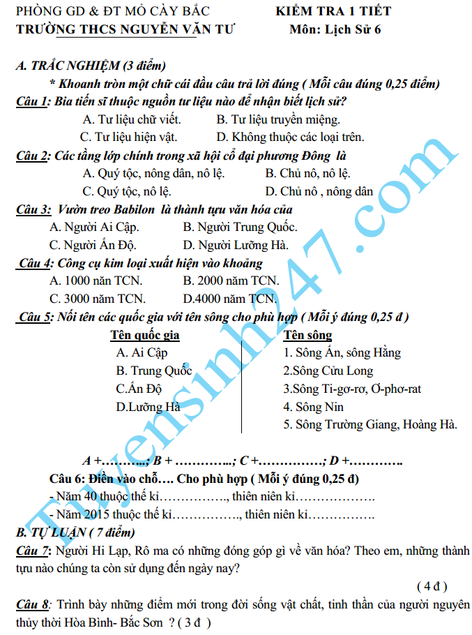 Đề kiểm tra 1 tiết HK2 lớp 6 môn Sử năm 2015 – THCS Nguyễn Văn Tư 